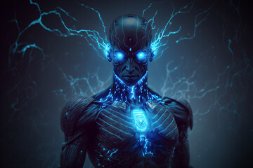 Aufkleber - Futuristic cyborg man, human modified with digital technology in future, generative AI