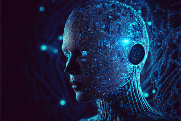 Aufkleber - Futuristic cyborg, human modified with digital technology in future, generative AI