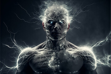 Poster - Futuristic fictional man radiates energy, human modified with future technology, generative AI.