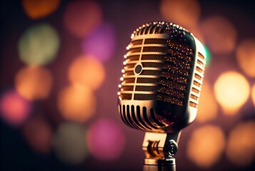 Poster - illustration of a golden retro microphone with bokeh lights. generative AI