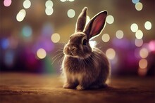A Cute Little Rabbit With Long Ears Sits On The Floor. Background With Colorful Lights. Generative AI