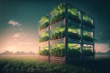 Wall Mural - Environment-friendly and sustainable green building with Vertical Farming, green gardens, and clean green city. Carbon neutral and zero emissions building.