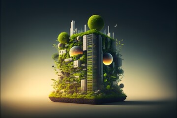 Wall Mural - Environment-friendly and sustainable green building with Vertical Farming, green gardens, and clean green city. Carbon neutral and zero emissions building.