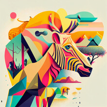 Creative Abstract Animals Safari Circus Pets Wildlife Art On Background, Retro Vibes, Bright Neon Line Swirl Avant Garde Proportions