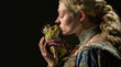 Blonde girl kissing a green frog, hoping it  will become a prince, on black background with some copy space, generative ai