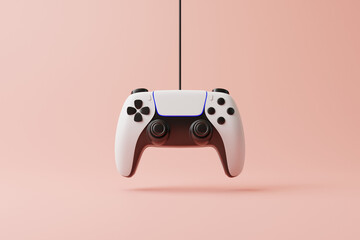Poster - Flying gamepad on a pink background with copy space. Joystick for video game. Game controller. Creative Minimal Gaming concept. Front view. 3D rendering illustration