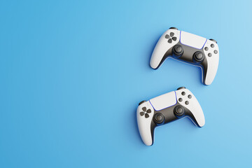 Poster - Gamepad on a blue background with copy space. Joystick for video game. Game controller. Creative Minimal Gaming concept. Top view. 3D rendering illustration