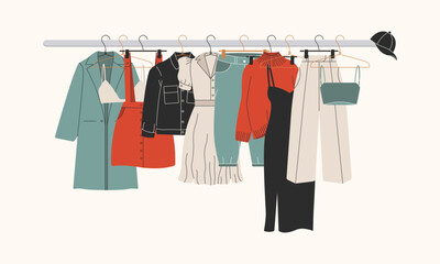 fashion apparel. hangers female clothes, clothing storage, boutique assortment rail, garment holder.