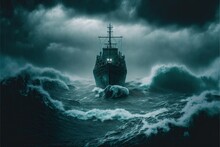 Haunted Ghost Ship In Stormy Seas. Generative AI.