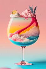 A Summer Cocktail In A Glass With A Summer Holiday In It. Pastel Background. Delicious, Refreshing Refreshment, Party Drink. Illustration. Generative AI.