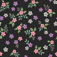 Vector Floral Seamless Pattern. Abstract Luxurious Background With Small Pink, Purple And Green Flowers On A Black Background With Leaves And Branches. Liberty Style Wallpaper.