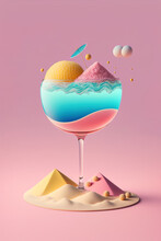 A Summer Cocktail In A Glass With A Summer Holiday In It. Pastel Background. Delicious, Refreshing Refreshment, Party Drink. Illustration. Generative AI.