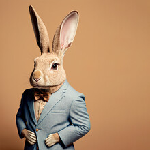 Abstract, Creative, Illustrated, Minimal Portrait Of A Wild Animal Dressed Up As A Man In Elegant Clothes. A Rabbit Standing On Two Legs In Vintage Costume. Generative AI.