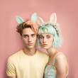 Pastel Easter portrait of beautiful, young people with bunny ears, holiday outfit. Close up of a guy and a girl. Illustration. Generative AI.