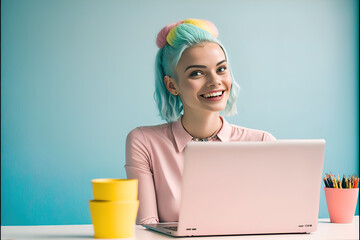 Wall Mural - Young, beautiful, hardworking smiling girl at her workplace, working hard in the office at her laptop. Pleasant working atmosphere. Illustration. Generative AI.