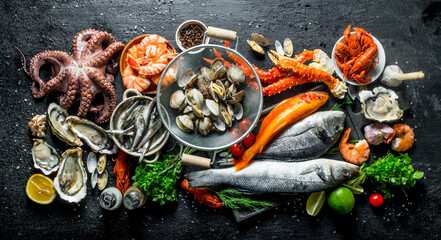 Wall Mural - Variety of fresh seafood with herbs and lime.