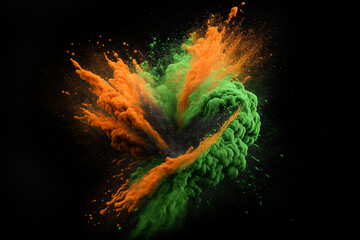 Wall Mural - Explosion of multicolored, orange and green dust on black background. Generative Ai.