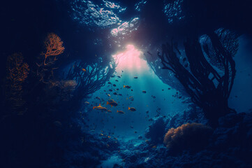 Underwater scene in Egypt. Colorful fish groups in Coral reef, clean ocean water. Dark mood, Generation AI