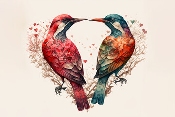 Generative AI image of  two birds making a heart shape