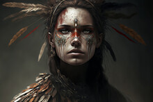 Generative AI Illustration Of Shamanic Woman With Feathers And Paint On Face Looking At Camera