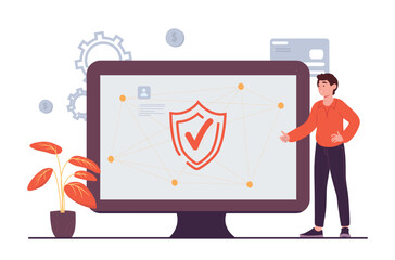 Aufkleber - Security on pc. IT specialist and programmer stands near computer monitor with shield and checkmark. Antivirus and hacker protection, safety on Internet concept. Cartoon flat vector illustration