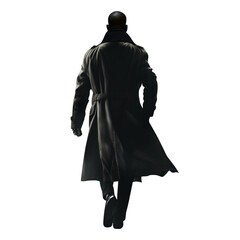 Wall Mural - Handsome black African American man walking away. Trench coat and jeans. Running away. Isolated transparent background. Noir detective.