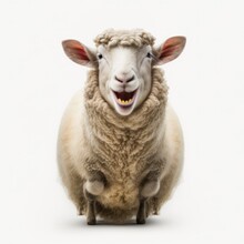 Portrait Of A Joyful Happy Smiling Sheep Isolated On A White Background, Generative Ai