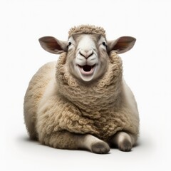 Portrait of a joyful happy smiling sheep isolated on a white background, generative ai