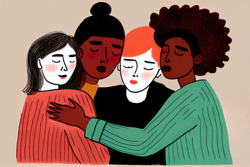 cartoon of a group of young diverse multiracial male and female adult people hugging each other show