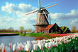 Windmill and tulips in Netherlands - Digital Painting - Generative AI