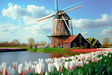 Windmill And Tulips In Netherlands - Digital Painting - Generative AI