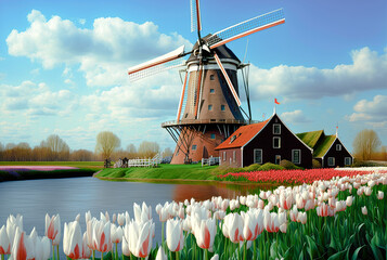 Windmill and tulips in Netherlands - Digital Painting - Generative AI