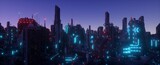 Fototapeta Miasto - Neon futuristic city. Urban future. Purple neon night in a city of a future with blue neon lights. Futuristic skyscrapers with bright glowing. Cyberpunk scene. 3D illustration.