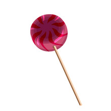 Round, Pink Lollipop On A Wooden Stick.Vector Illustration Of Sweets.