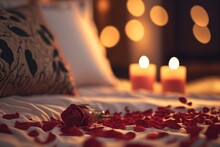 Rose and its petals lying on the bed and bokeh lights from candles in the background. Romantic setting of two lovers