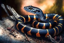 Banded Krait - Bungarus Fasciatus - Black And White Snake - Generative AI