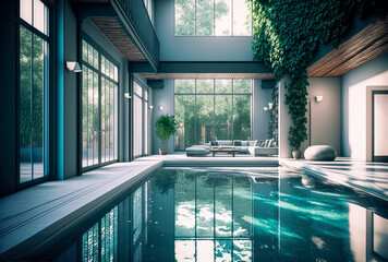 Modern Pool inside a House - interior design - Digital Painting - Generative AI