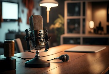 Wall Mural - old microphone on top of a desk, Podcast production. generative AI