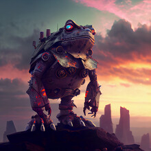 HUmanlike Toad Standing On A Rock In Robot Armor