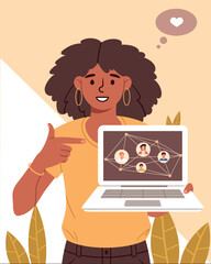 Poster - woman chatting friends online. young girl with laptop communicates in social networks and messengers