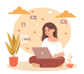 Poster - woman sitting at laptop. young girl communicates with friends in social networks and messengers, bus