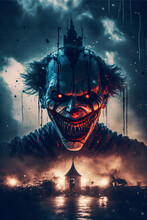Horror Clown And Creapy Funfair Or Circus. Concept Of Evil And Fear. Designed Using Generative Ai.
