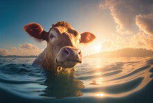 Cow Graze And Swim In The Lake, Generative AI	
