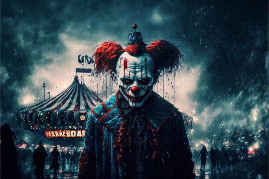 Wall Mural -  - Horror clown and creapy funfair or circus. Concept of evil and fear. Designed using generative ai.
