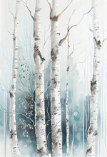 Watercolor painting of birch trees trunks in winter forest. Generative AI
