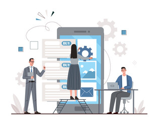 Poster - People working together. Men and women developing interface for programs and applications on smartphone. Gadgets and devices. Teamwork and partnership concept. Cartoon flat vector illustration