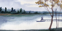 Watercolor Painting. Summer River Landscape