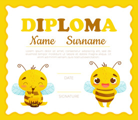 Poster - Cute Honey Bee Diploma Design with Busy Insect and Natural Sweet Food Vector Template