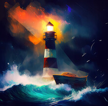 Lighthouse In The Night Sky- Created With Generative AI Technology