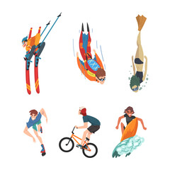 Poster - Young Man and Woman Character Enjoying Extreme Sport Activity Vector Set